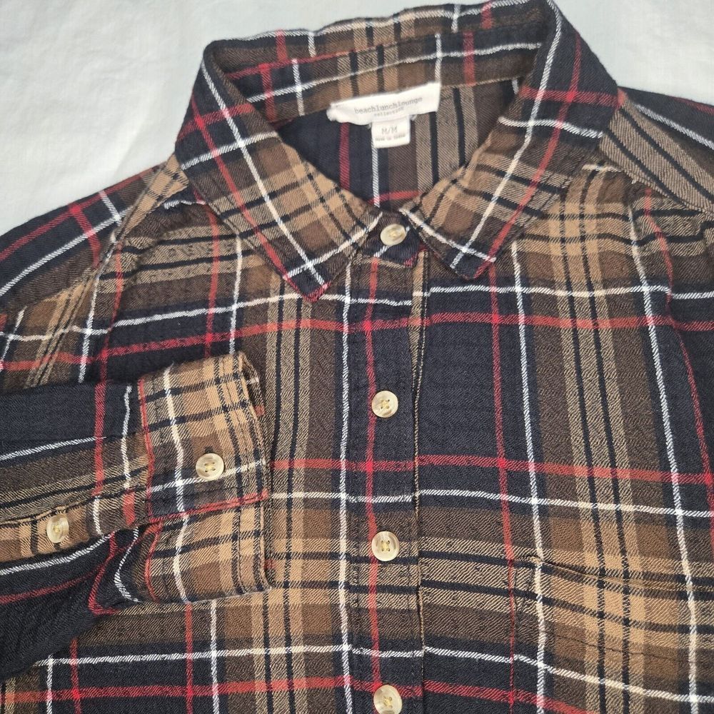 Beach Lunch Lounge 1/2 Button Down Medium‎ Brown Multicolor Plaid Shirt Tails